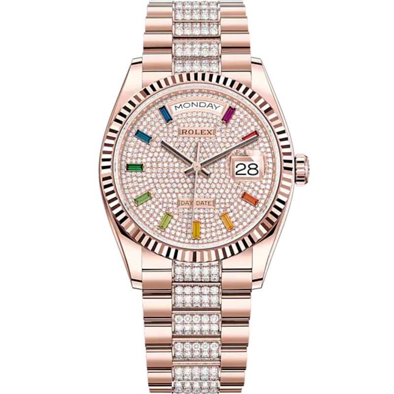 Day-Date 36 36mm President Bracelet and 18 KT Everose Gold with Diamond-Paved Dial Fluted Bezel - Rolex