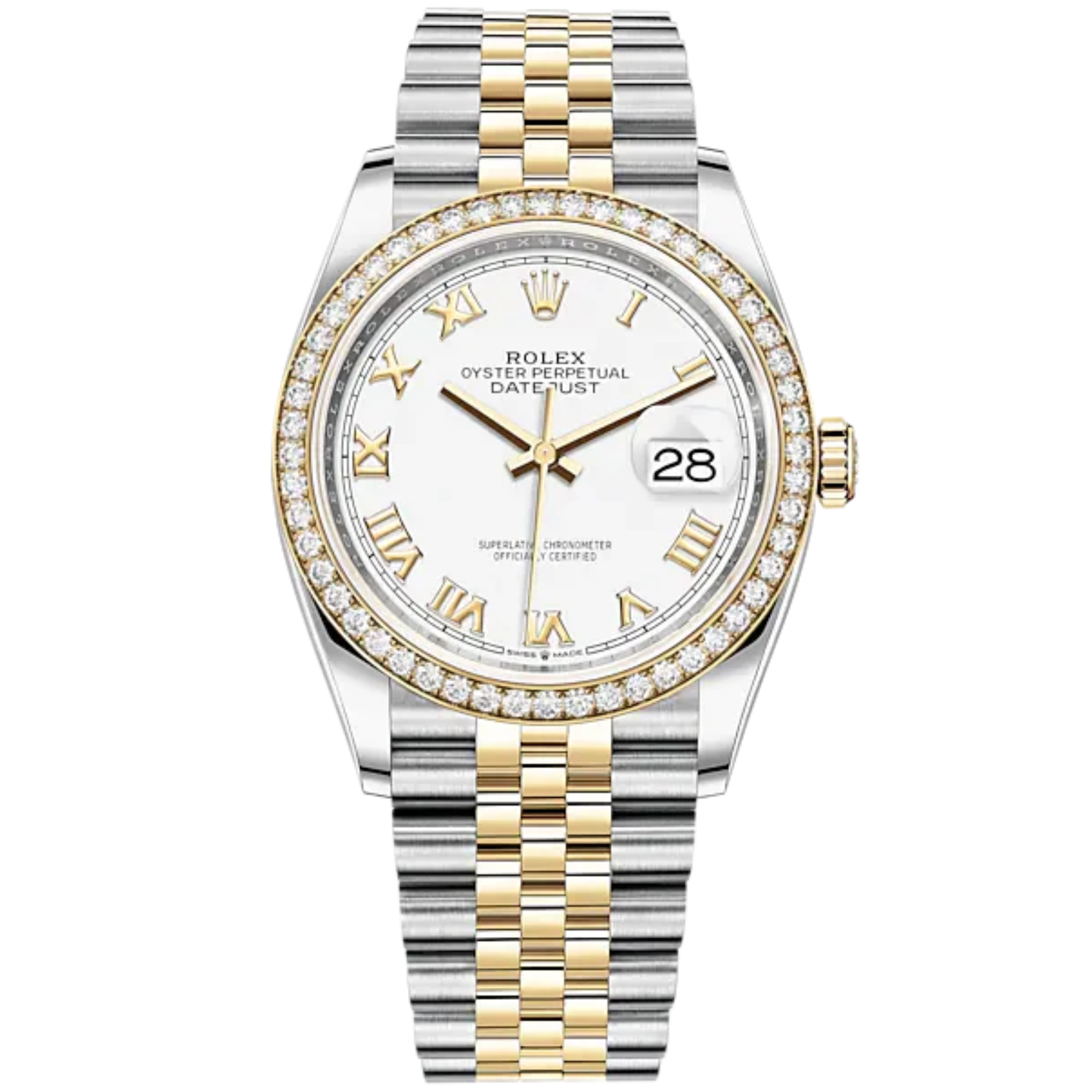 Datejust 36 36mm Oystersteel Jubilee Bracelet and Yellow Gold with White Dial Diamond-Set Beze - Rolex