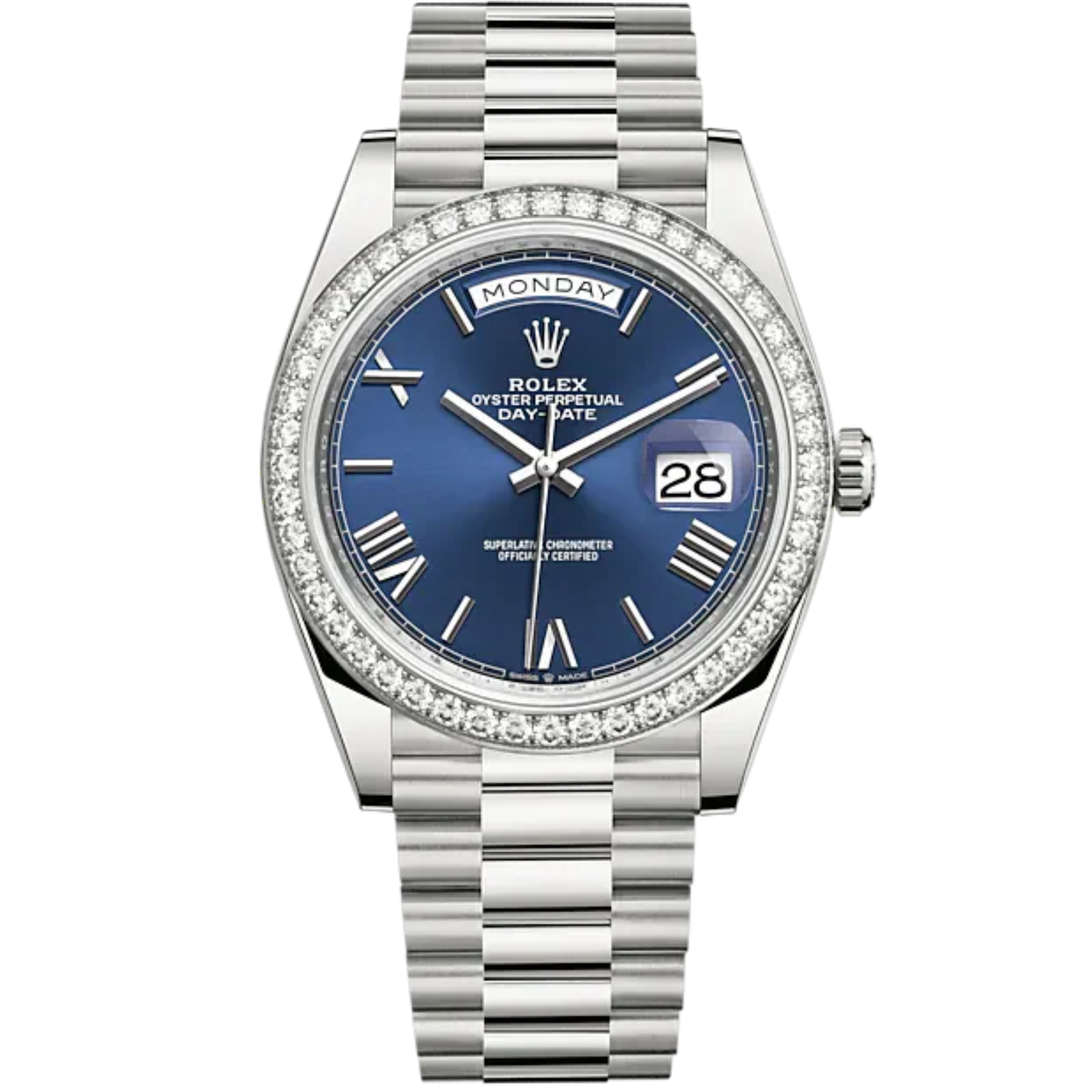 Day-Date 40 40mm President Bracelet and 18 KT White Gold with Bright Blue Dial and Diamond-Set Bezel - Rolex