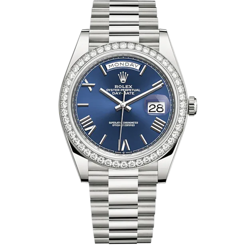 Day-Date 40 40mm President Bracelet and 18 KT White Gold with Bright Blue Dial and Diamond-Set Bezel - Rolex