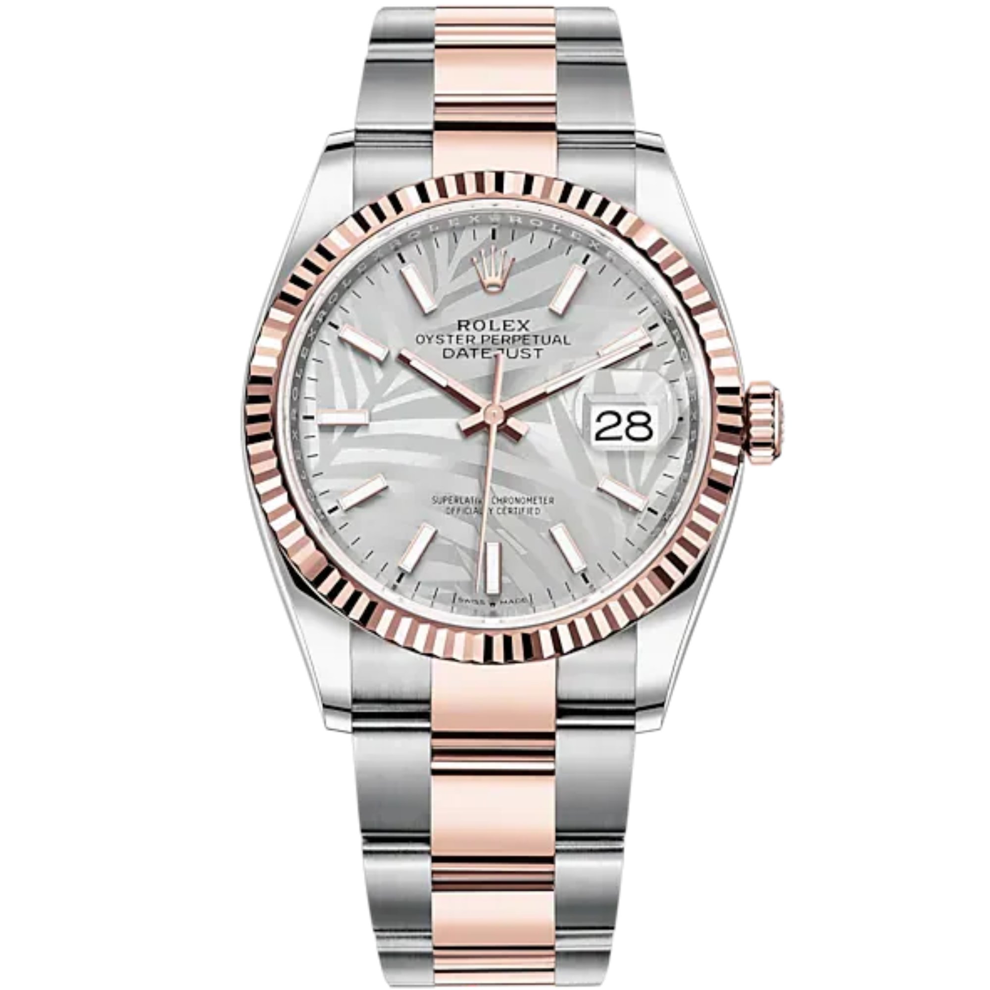 Datejust 36 36mm Oyster Bracelet Oystersteel and Everose Gold with Silver Palm-Motif Dial Fluted Bezel - Rolex