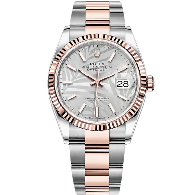 Datejust 36 36mm Oyster Bracelet Oystersteel and Everose Gold with Silver Palm-Motif Dial Fluted Bezel - Rolex