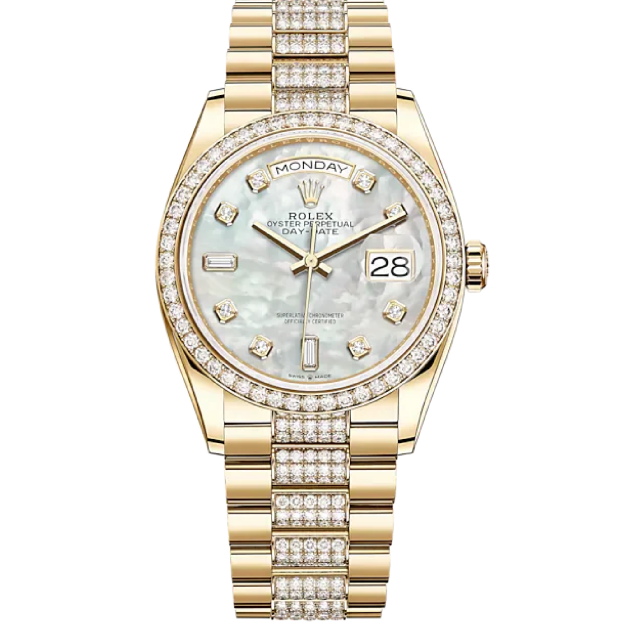 Day-Date 36 36mm President Bracelet and 18 KT Yellow Gold with White Mother-of-Pearl Dial Diamond-Set Dial Diamond-Set Bezel - Rolex