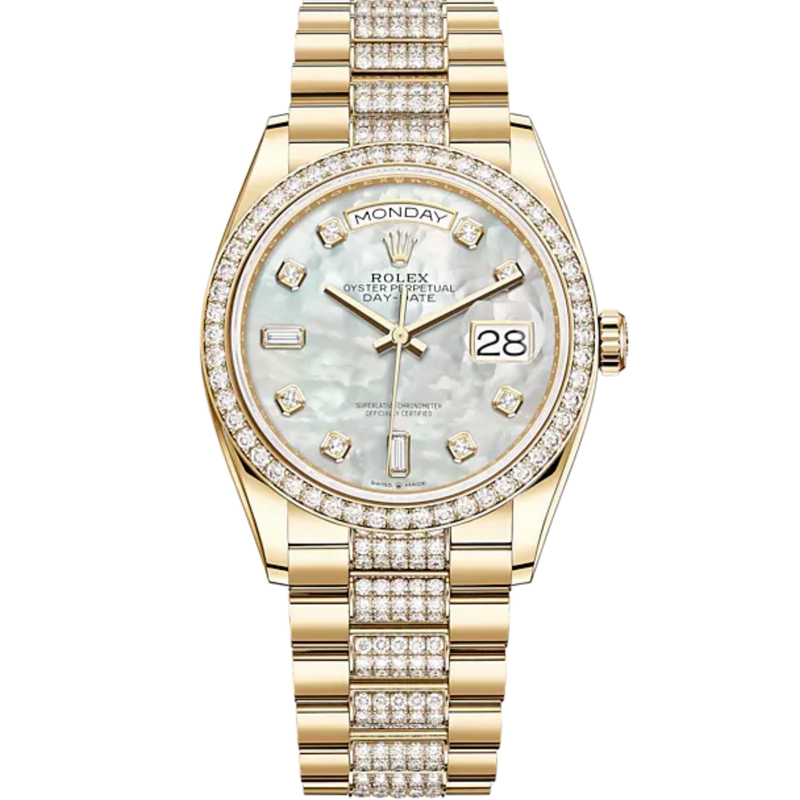 Day-Date 36 36mm President Bracelet and 18 KT Yellow Gold with White Mother-of-Pearl Dial Diamond-Set Dial Diamond-Set Bezel - Rolex