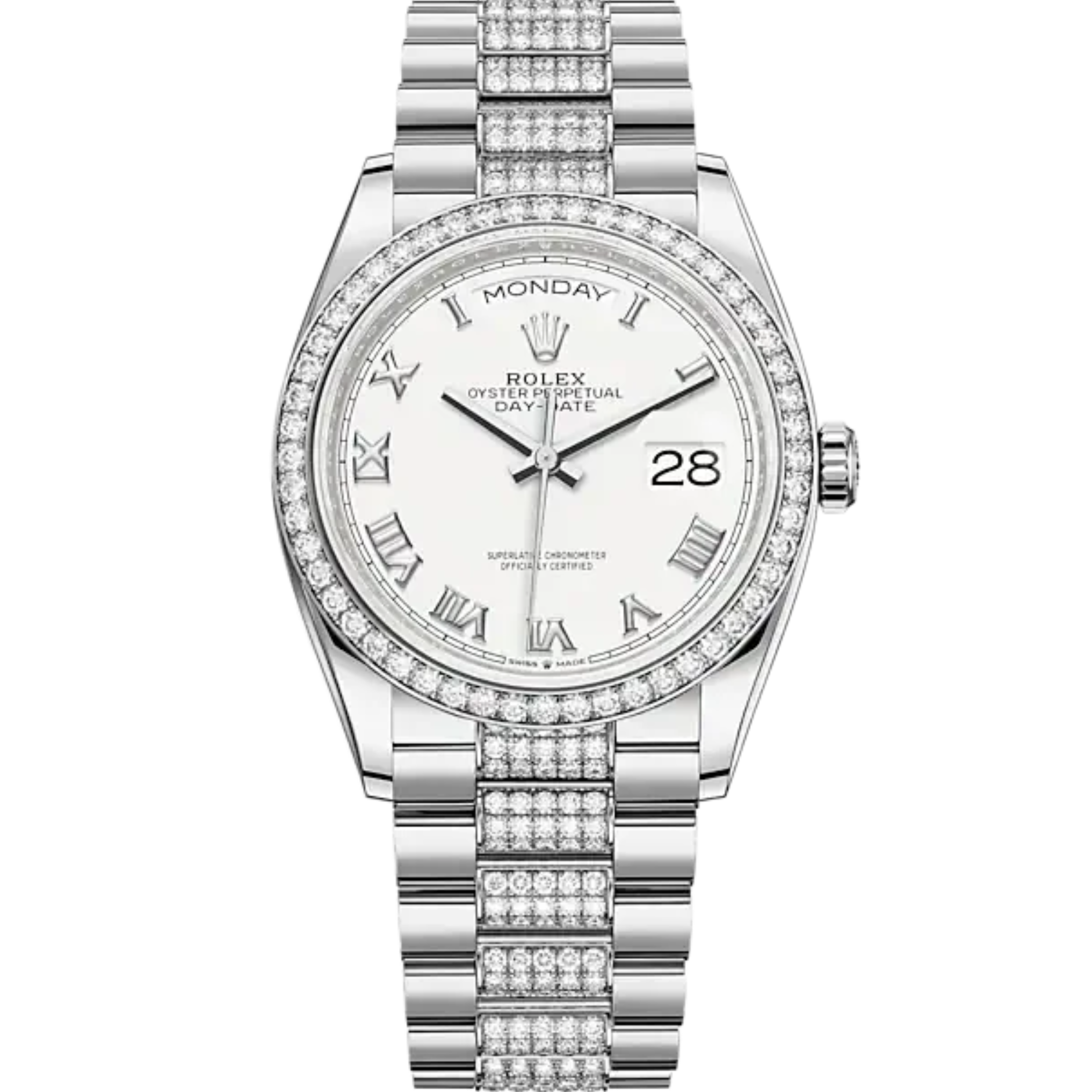 Day-Date 36 36mm President Bracelet and 18 KT White Gold with White Dial Diamond-Set Bezel - Rolex