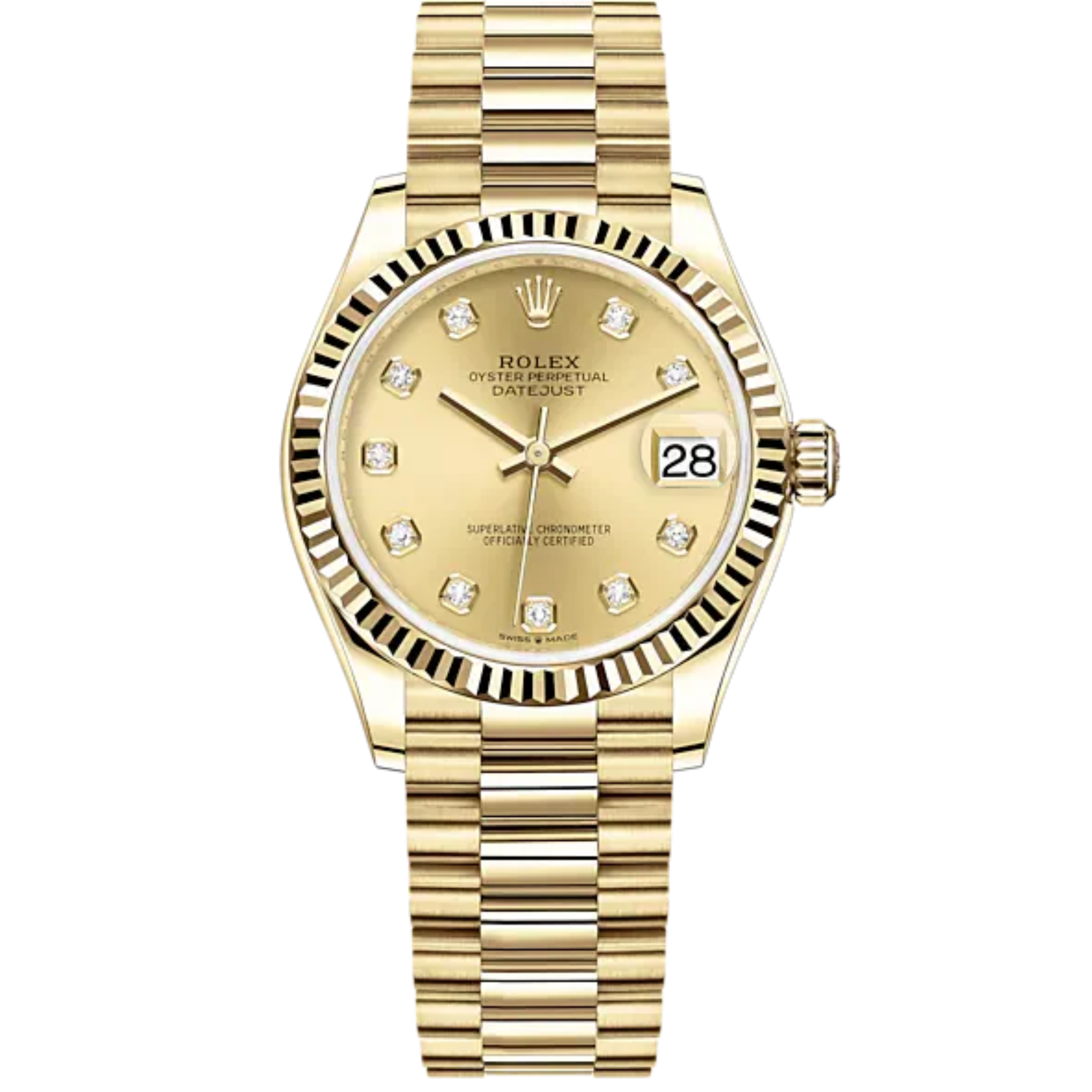 Datejust 31 31mm President Bracelet and 18 CT Yellow Gold with Champagne-Colour Diamond-Set Dial Fluted Bezel - Rolex