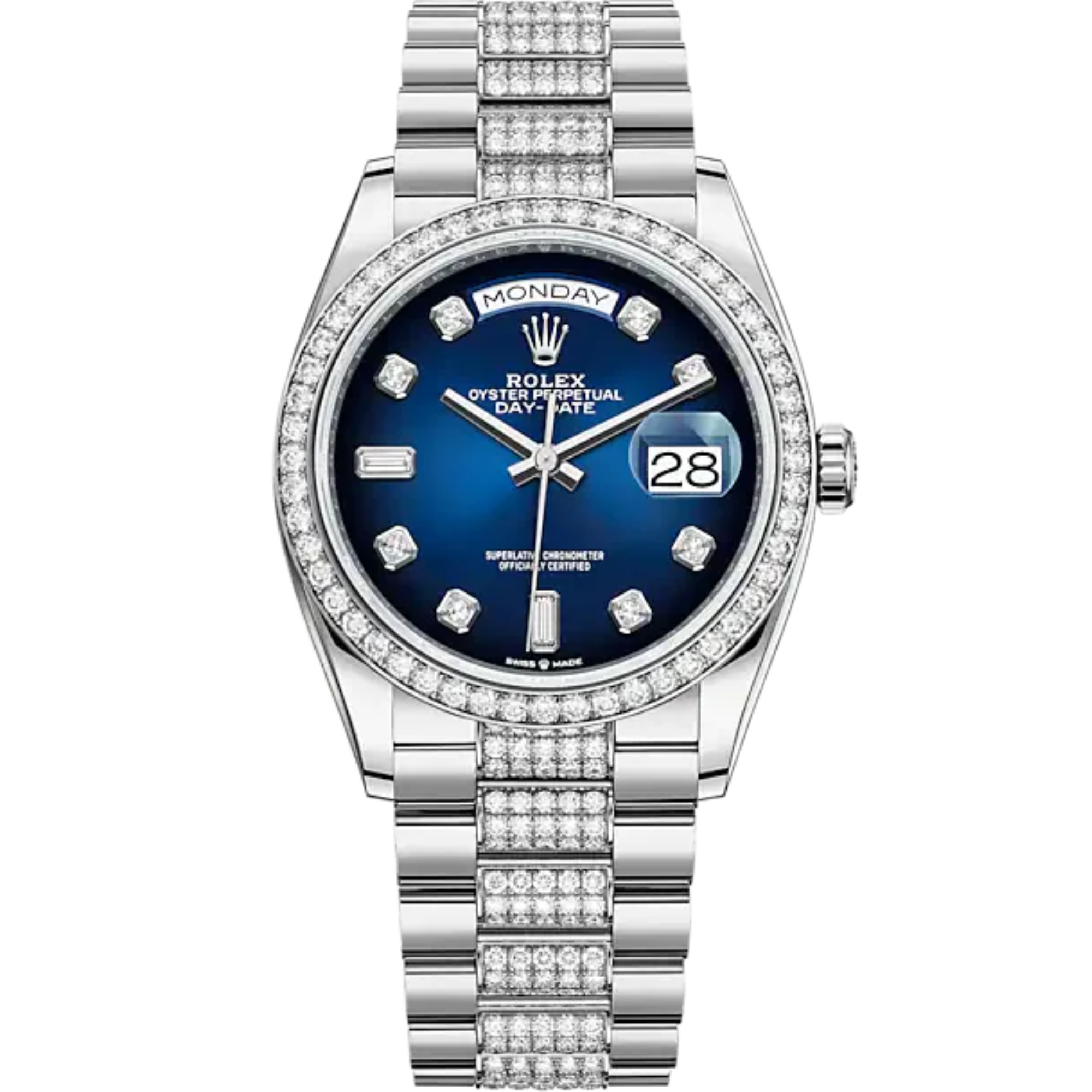 Day-Date 36 36mm President Bracelet and 18 KT White Gold with White Dial Blue Ombré Dial Diamond-Set Dial Diamond-Set Bezel - Rolex