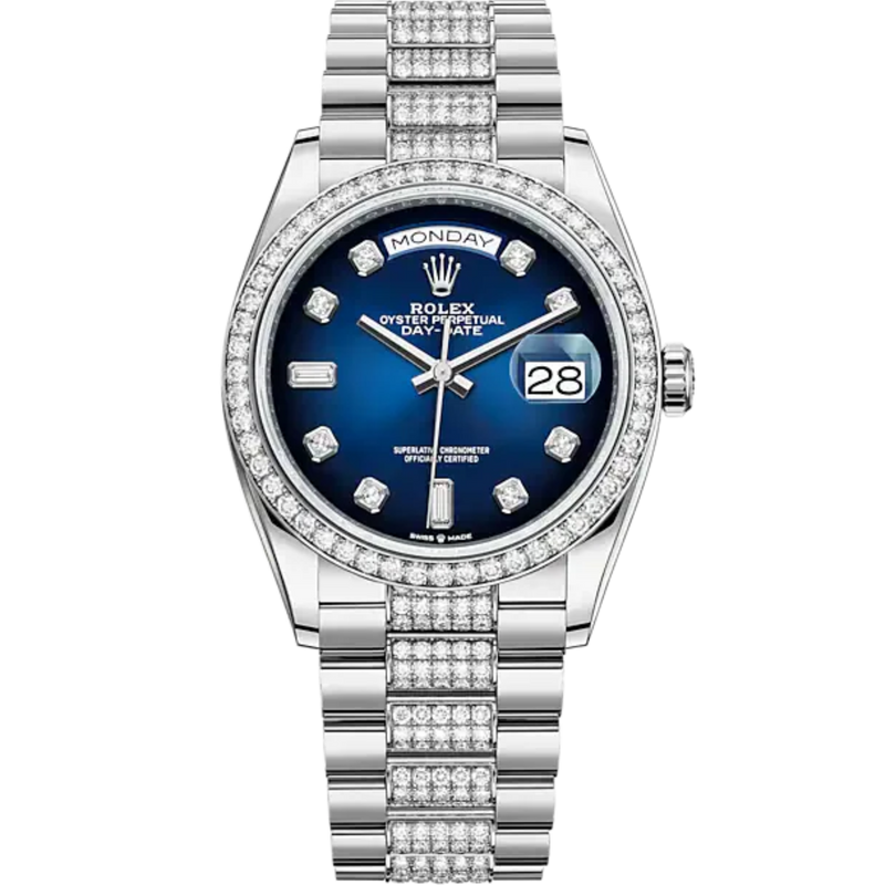 Day-Date 36 36mm President Bracelet and 18 KT White Gold with White Dial Blue Ombré Dial Diamond-Set Dial Diamond-Set Bezel - Rolex