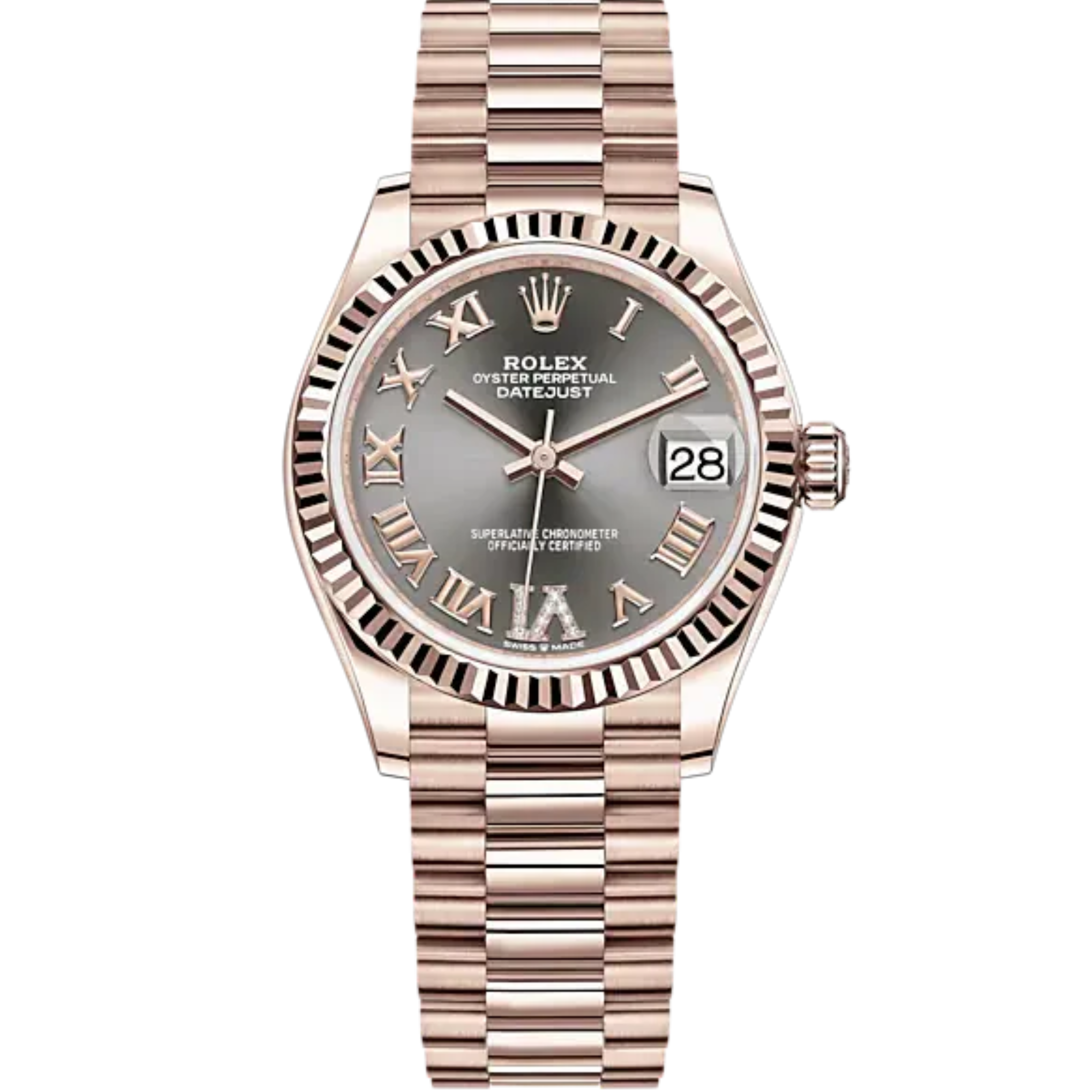 Datejust 31 31mm President Bracelet and 18 CT Everose Gold with Slate Diamond Dial Fluted Bezel - Rolex