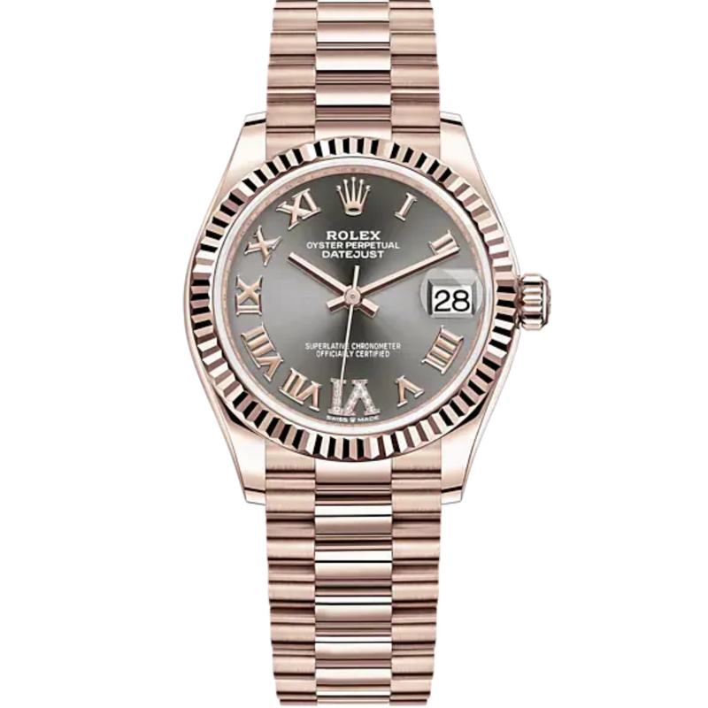 Datejust 31 31mm President Bracelet and 18 CT Everose Gold with Slate Diamond Dial Fluted Bezel - Rolex