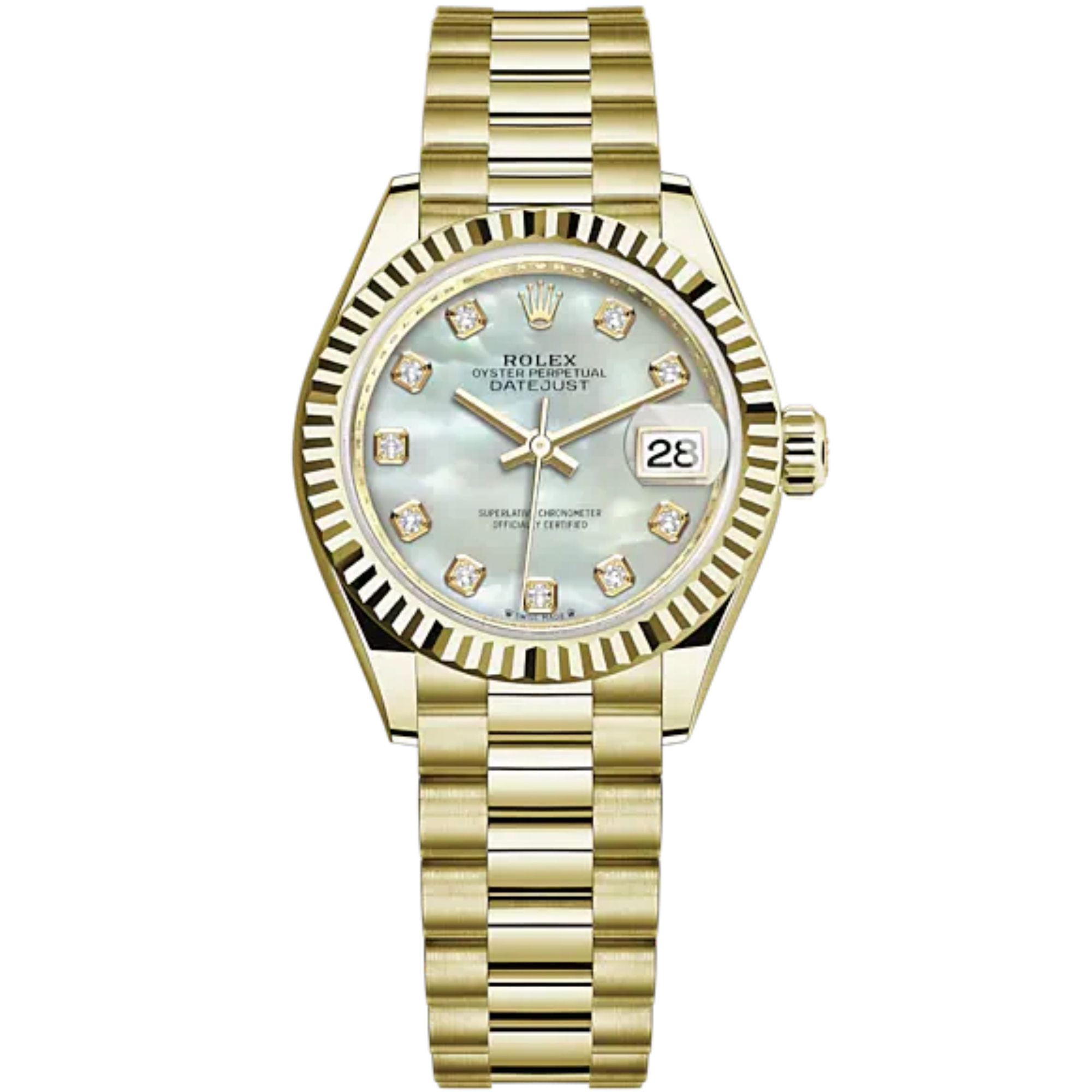 Lady-DateJust 28mm President Bracelet and 18 KT Yellow Gold with White Mother-of-Pearl Dial Diamond-Set Dial Fluted Bezel - Rolex