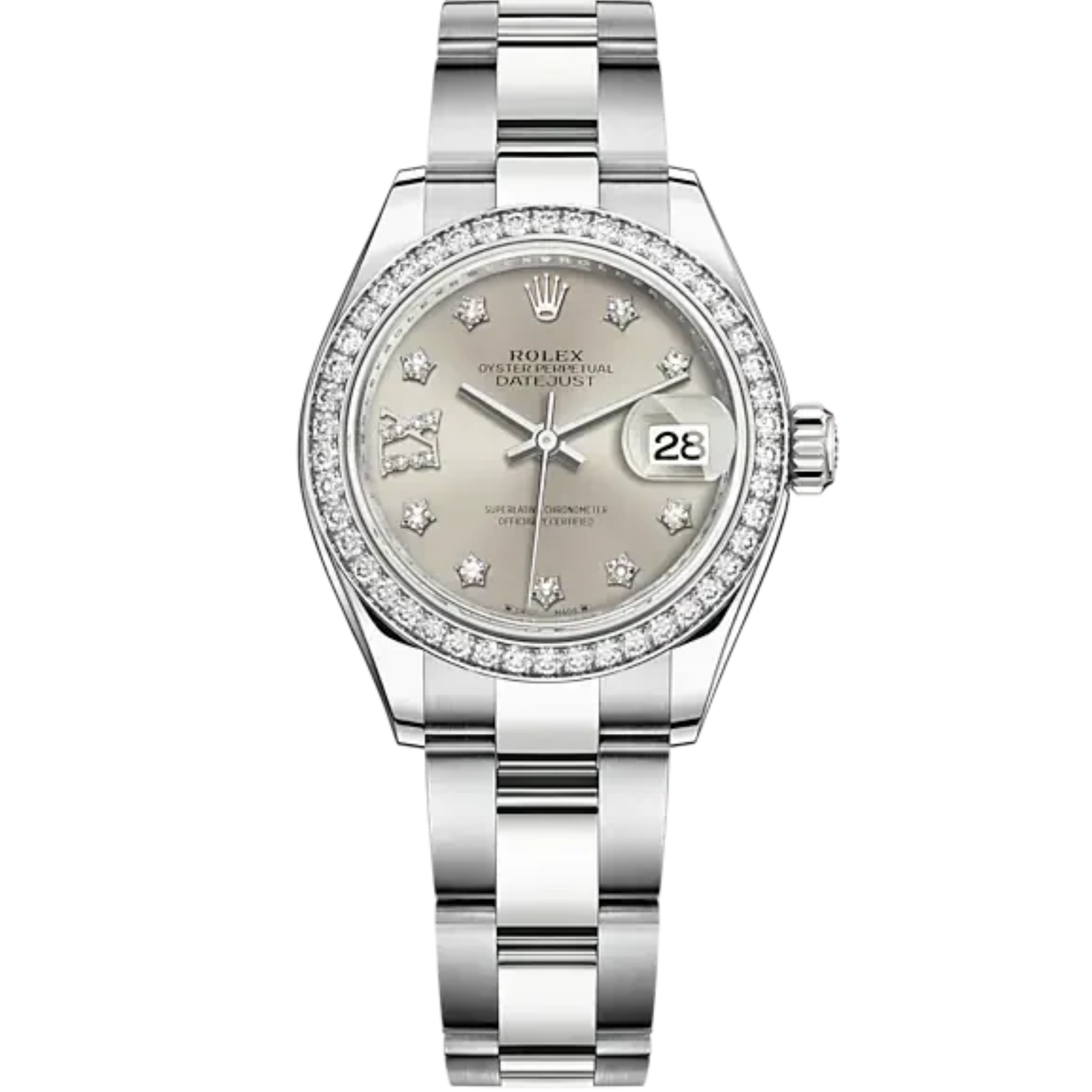 Lady-DateJust 28mm Oyster Oystersteel Bracelet and White Gold with Silver Dial Diamond-Set Dial Diamond-Set Bezel - Rolex