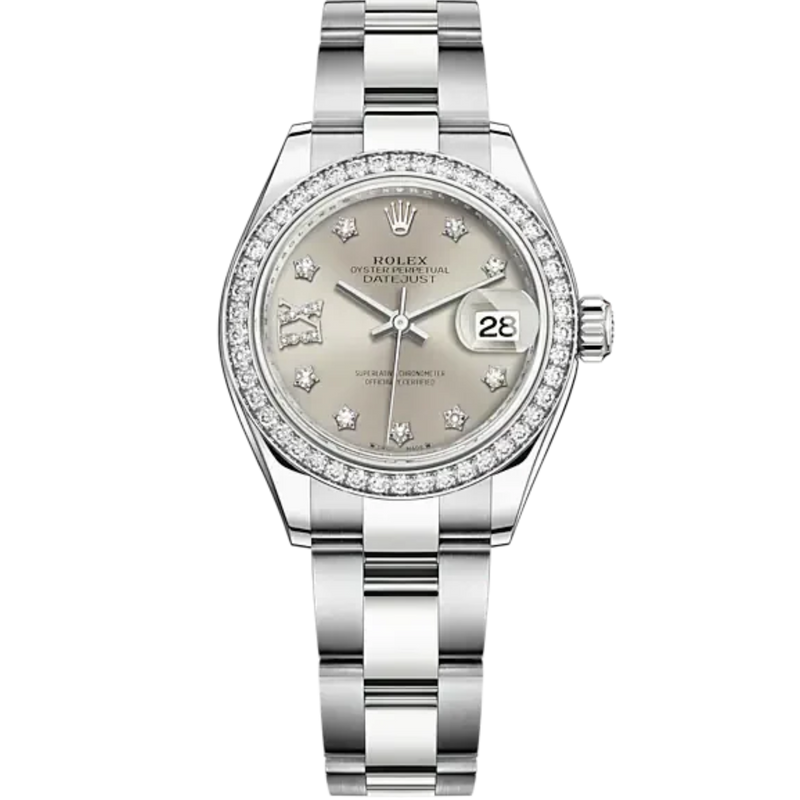 Lady-DateJust 28mm Oyster Oystersteel Bracelet and White Gold with Silver Dial Diamond-Set Dial Diamond-Set Bezel - Rolex
