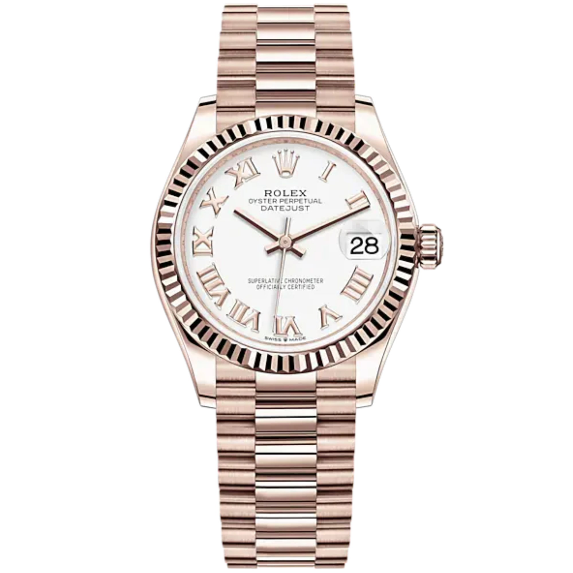 Datejust 31 31mm President Bracelet and 18 CT Everose Gold with White Dial Fluted Bezel - Rolex