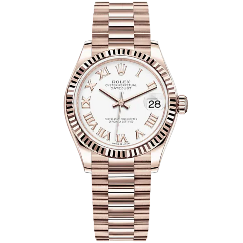 Datejust 31 31mm President Bracelet and 18 CT Everose Gold with White Dial Fluted Bezel - Rolex