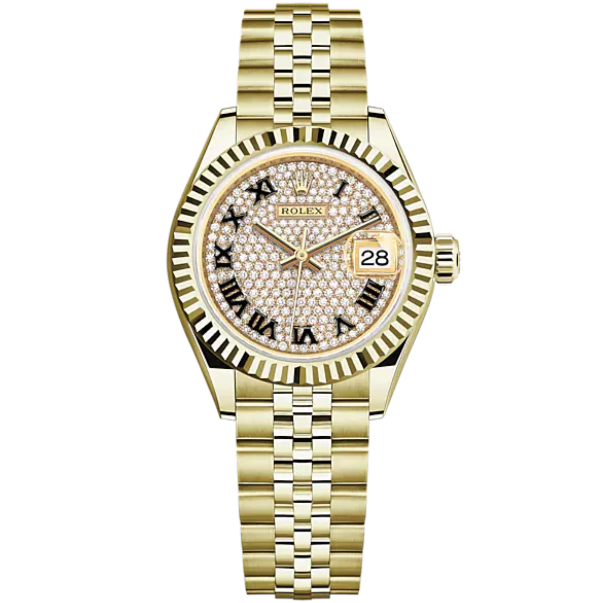 Lady-DateJust 28mm Jubilee Bracelet and 18 KT Yellow Gold with Diamond-Paved Dial Fluted Bezel - Rolex