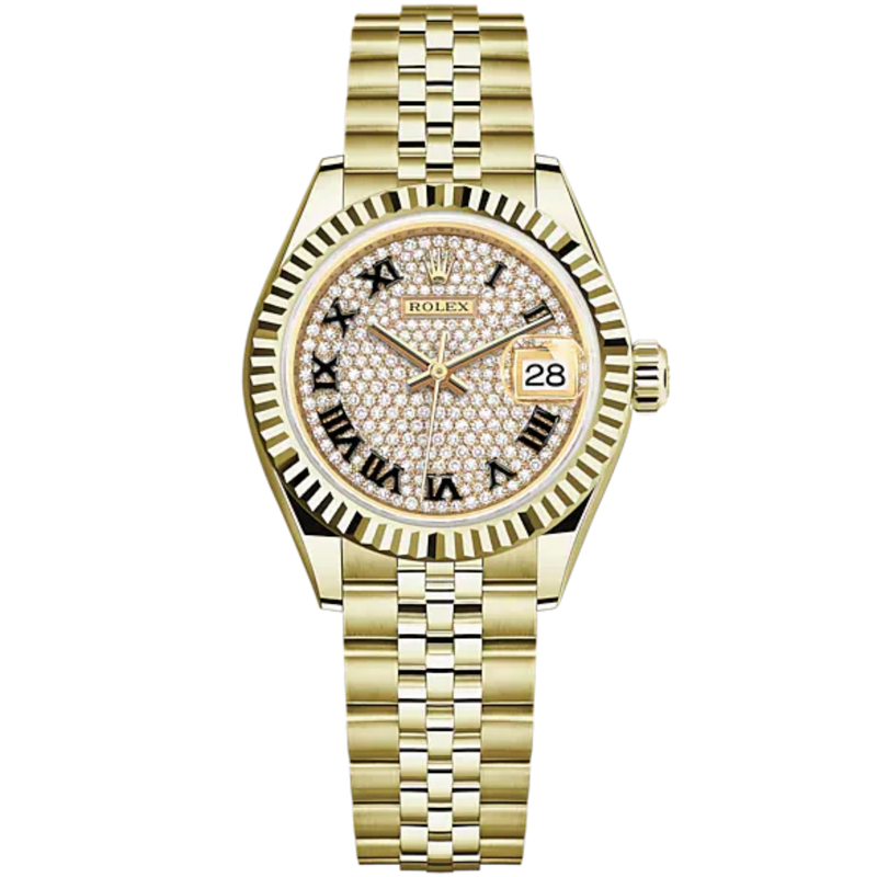 Lady-DateJust 28mm Jubilee Bracelet and 18 KT Yellow Gold with Diamond-Paved Dial Fluted Bezel - Rolex