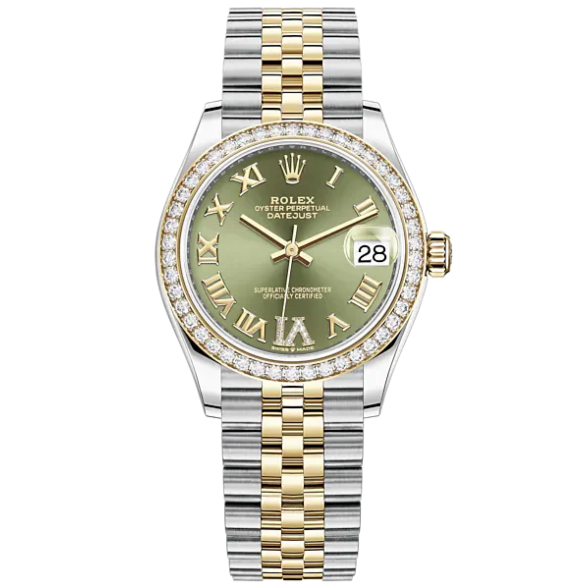 Datejust 31 31mm Jubilee Bracelet Oystersteel and Yellow Gold with Olive-Green Diamond Dial Diamond-Set Bezel - Rolex
