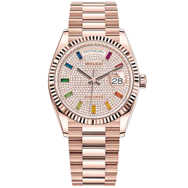 Day-Date 36 36mm President Bracelet and 18 KT Everose Gold with Diamond-Paved Dial Fluted Bezel - Rolex