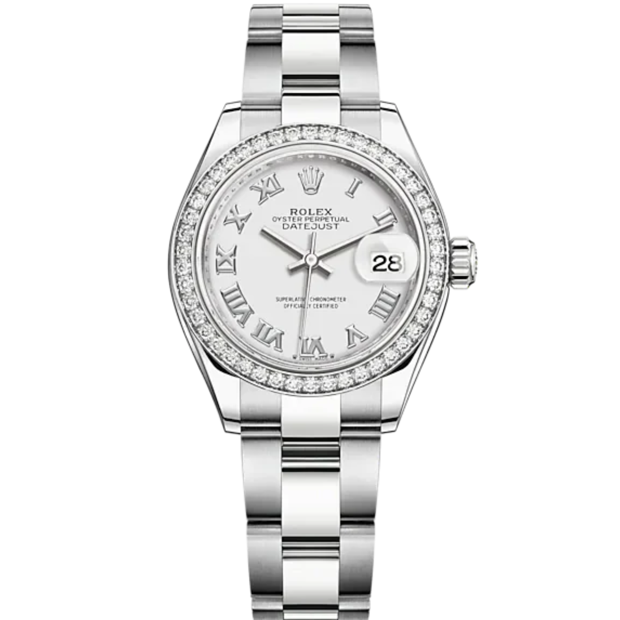 Lady-DateJust 28mm Oyster Oystersteel Bracelet and White Gold with White Dial Diamond-Set Bezel - Rolex