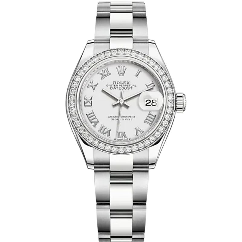 Lady-DateJust 28mm Oyster Oystersteel Bracelet and White Gold with White Dial Diamond-Set Bezel - Rolex