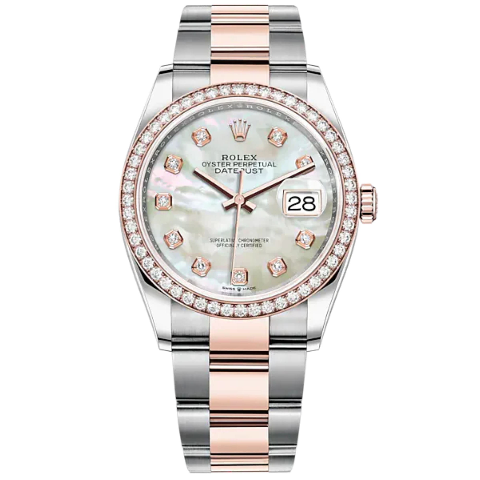 Datejust 36 36mm Oyster Bracelet Oystersteel and Everose Gold with White Mother-of-Pearl Diamond-Set Dial Diamond-Set Bezel - Rolex