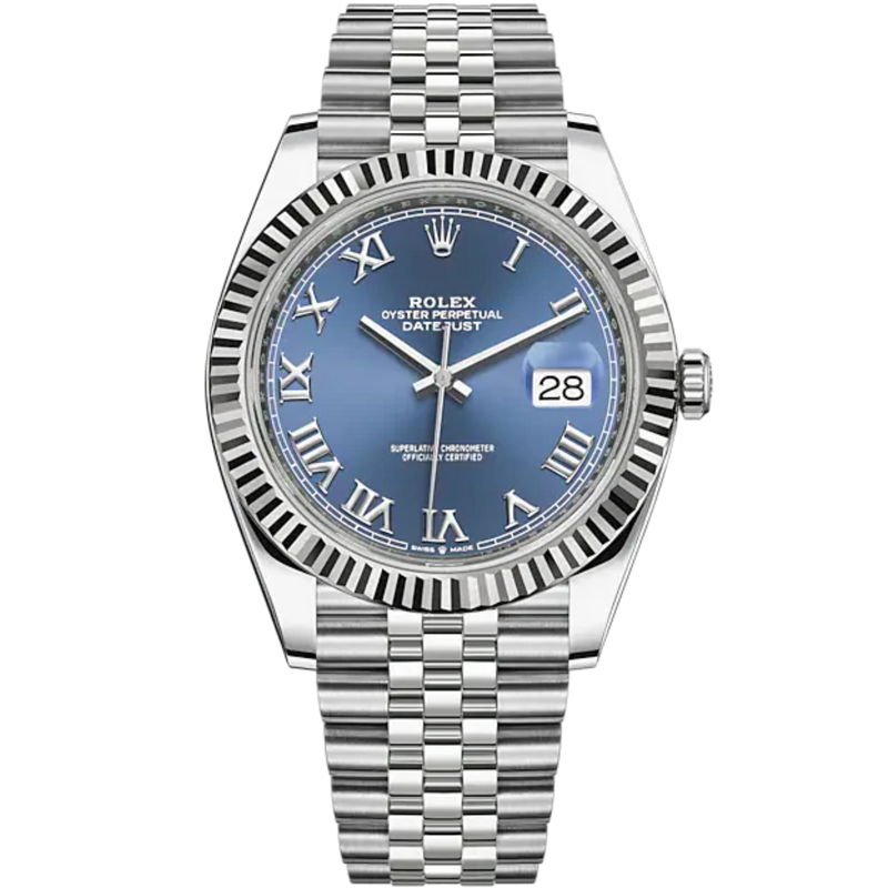 Datejust 41 41mm Jubilee Bracelet Oystersteel and White Gold with Azzurro-Blue Dial Fluted Bezel - Rolex