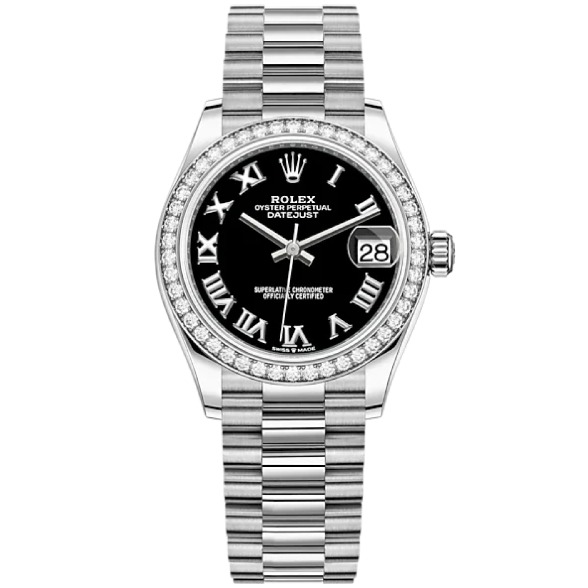 Datejust 31 31mm Oyster Bracelet Oystersteel and White Gold with Bright Black Dial Diamond-Set Bezel - Rolex