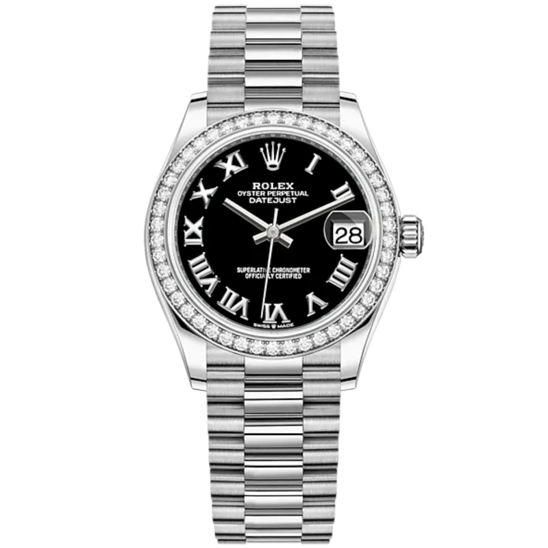 Datejust 31 31mm Oyster Bracelet Oystersteel and White Gold with Bright Black Dial Diamond-Set Bezel - Rolex