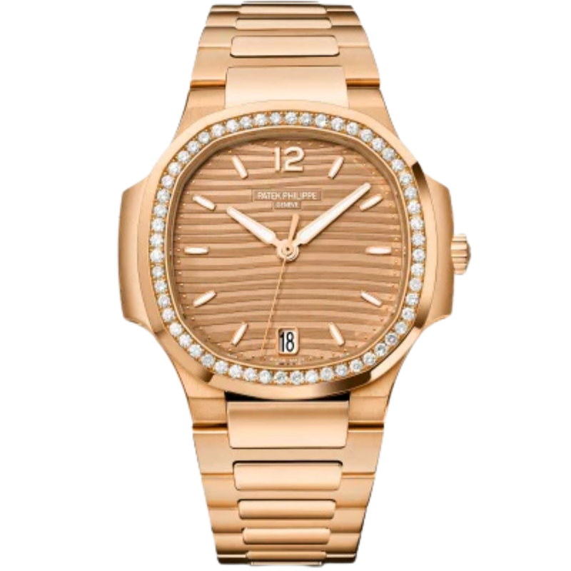 7118-1200R-010 Nautilus Ladies 35.2mm Rose Gold Bracelet Golden Brown Opaline Embossed Dial Octagonal Diamond Bezel - Patek Philippe