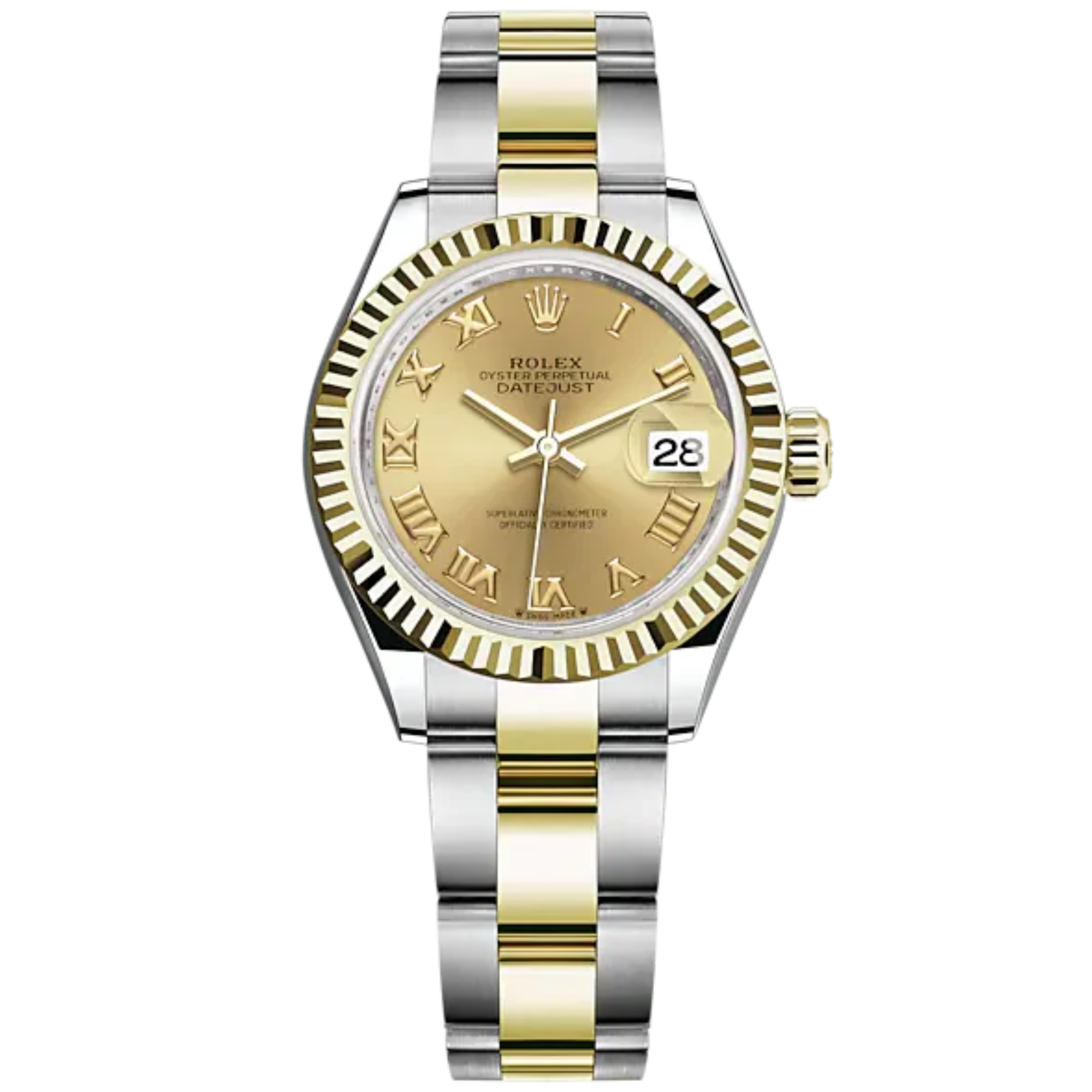 Lady-DateJust 28mm Oyster Oystersteel Bracelet and Yellow Gold with Champagne-Colour Dial Fluted Bezel - Rolex