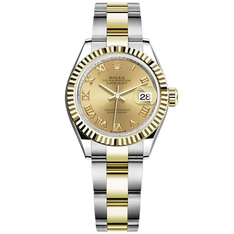 Lady-DateJust 28mm Oyster Oystersteel Bracelet and Yellow Gold with Champagne-Colour Dial Fluted Bezel - Rolex