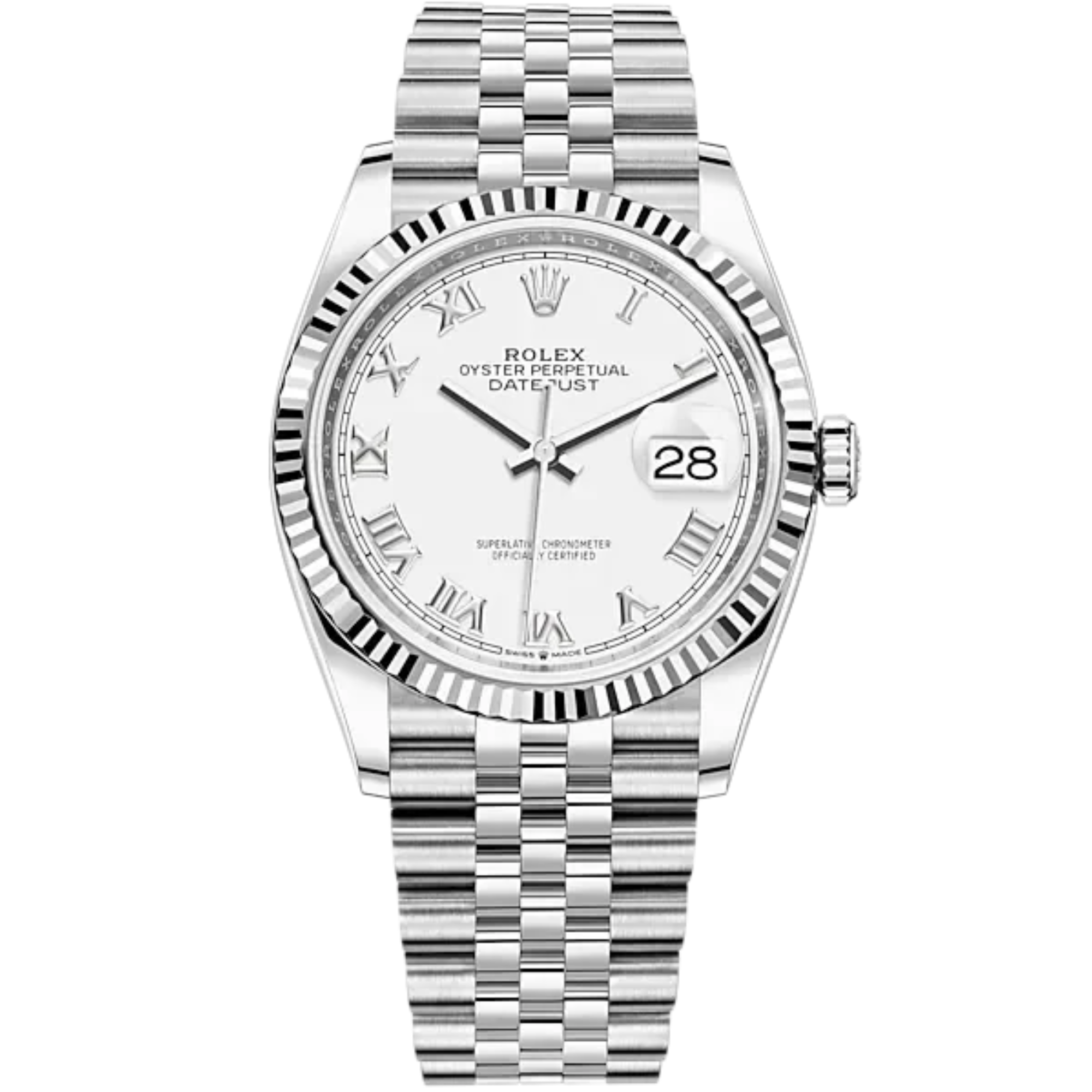 Rolex Datejust Ref. 126234 36mm White Gold Jubilee Bracelet White Roman Dial Fluted Bezel - Rolex