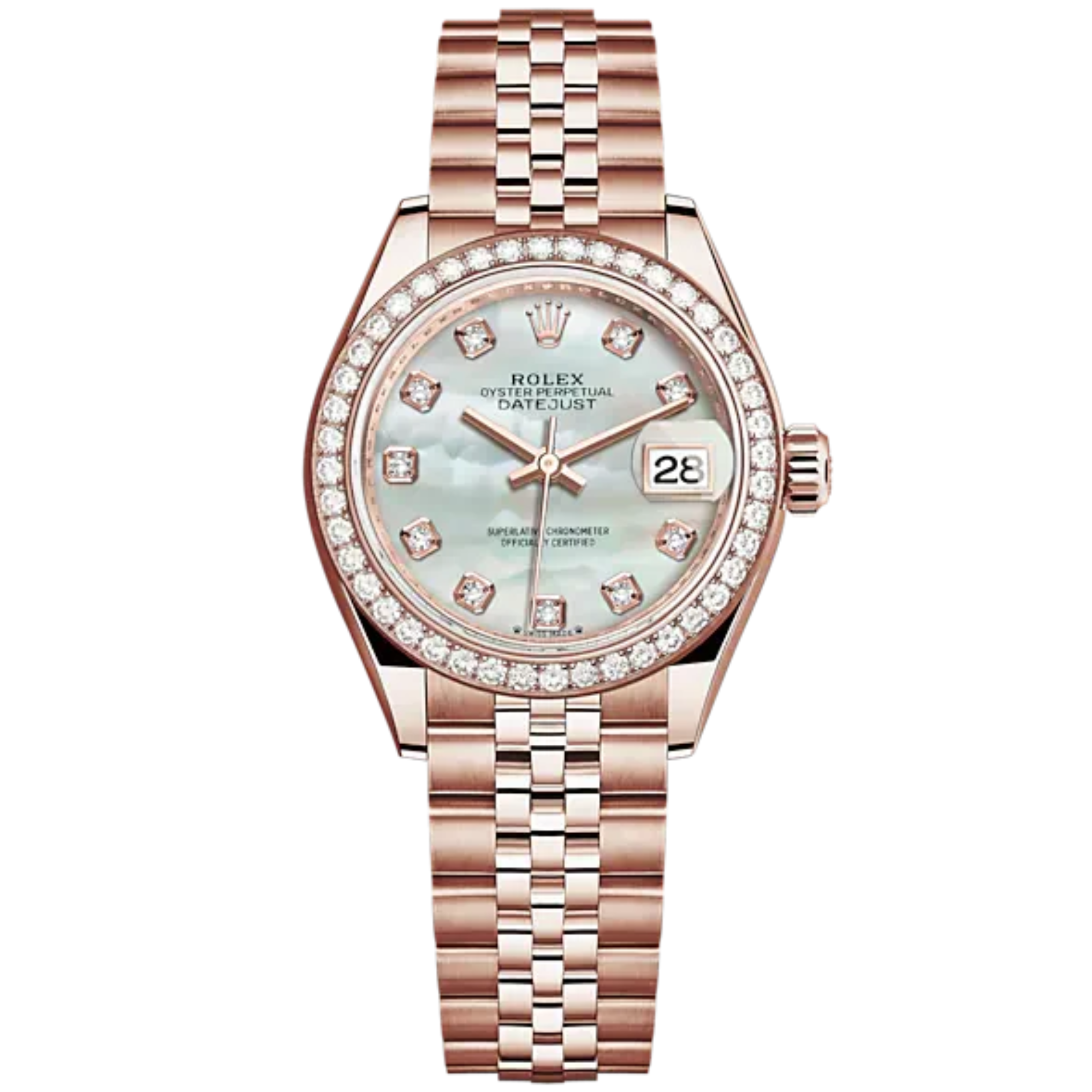 Lady-DateJust 28mm Jubilee Bracelet and 18 KT Everose Gold with White Mother-of-Pearl Dial Diamond-Set Dial Diamond-Set Bezel - Rolex