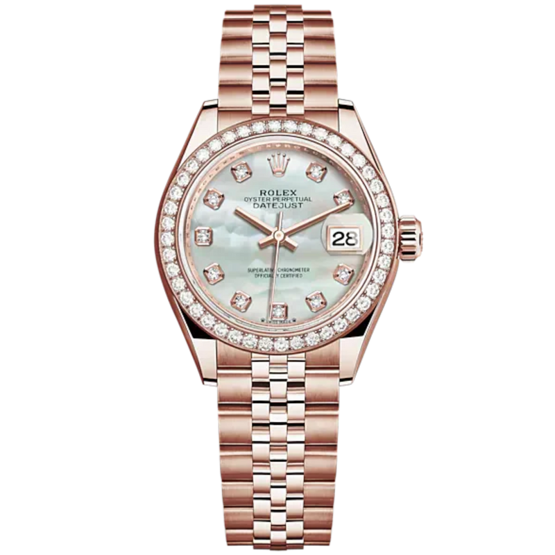 Lady-DateJust 28mm Jubilee Bracelet and 18 KT Everose Gold with White Mother-of-Pearl Dial Diamond-Set Dial Diamond-Set Bezel - Rolex
