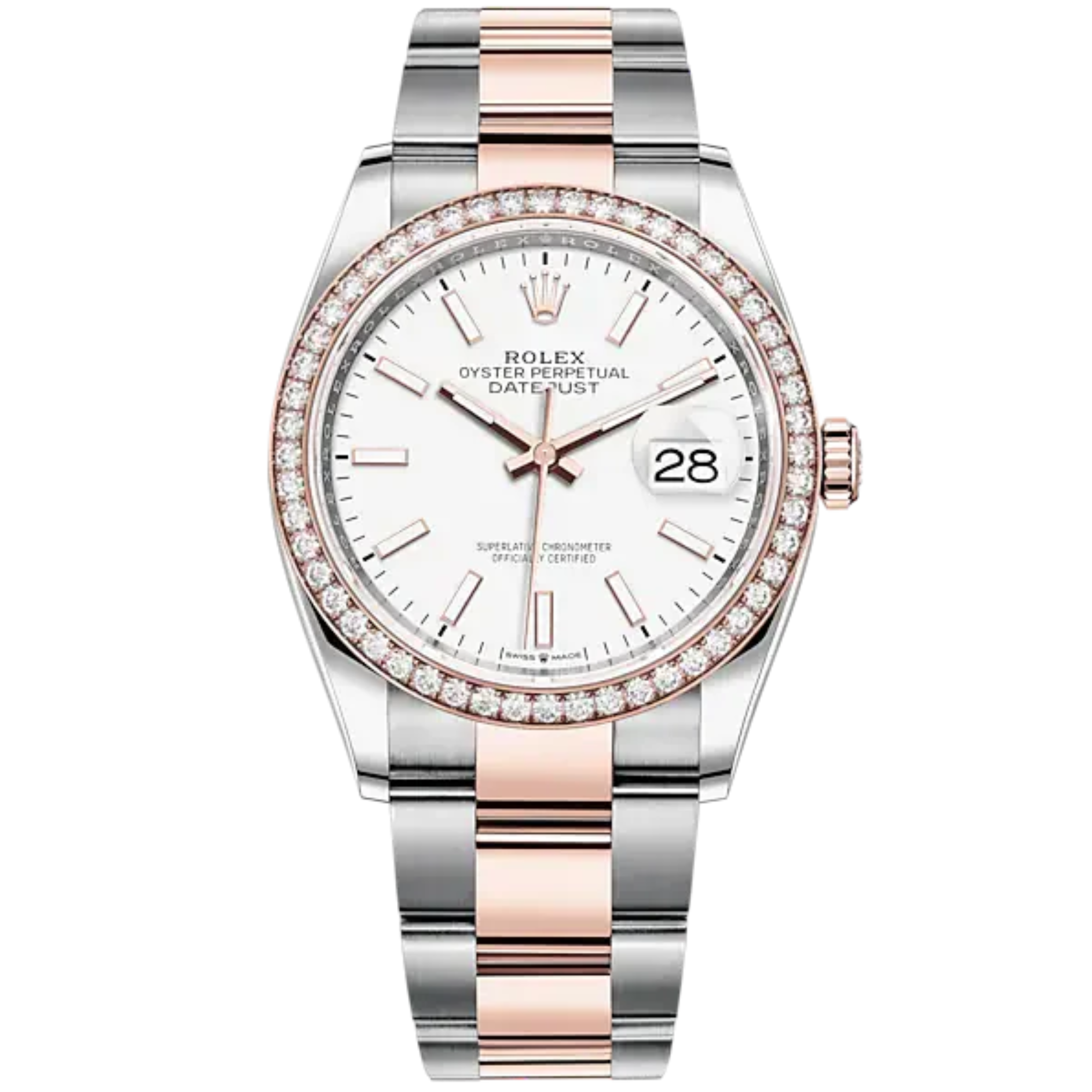 Datejust 36 36mm Oyster Bracelet Oystersteel and Everose Gold with White Dial Diamond-Set Bezel - Rolex