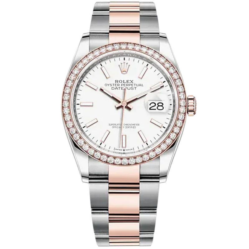 Datejust 36 36mm Oyster Bracelet Oystersteel and Everose Gold with White Dial Diamond-Set Bezel - Rolex