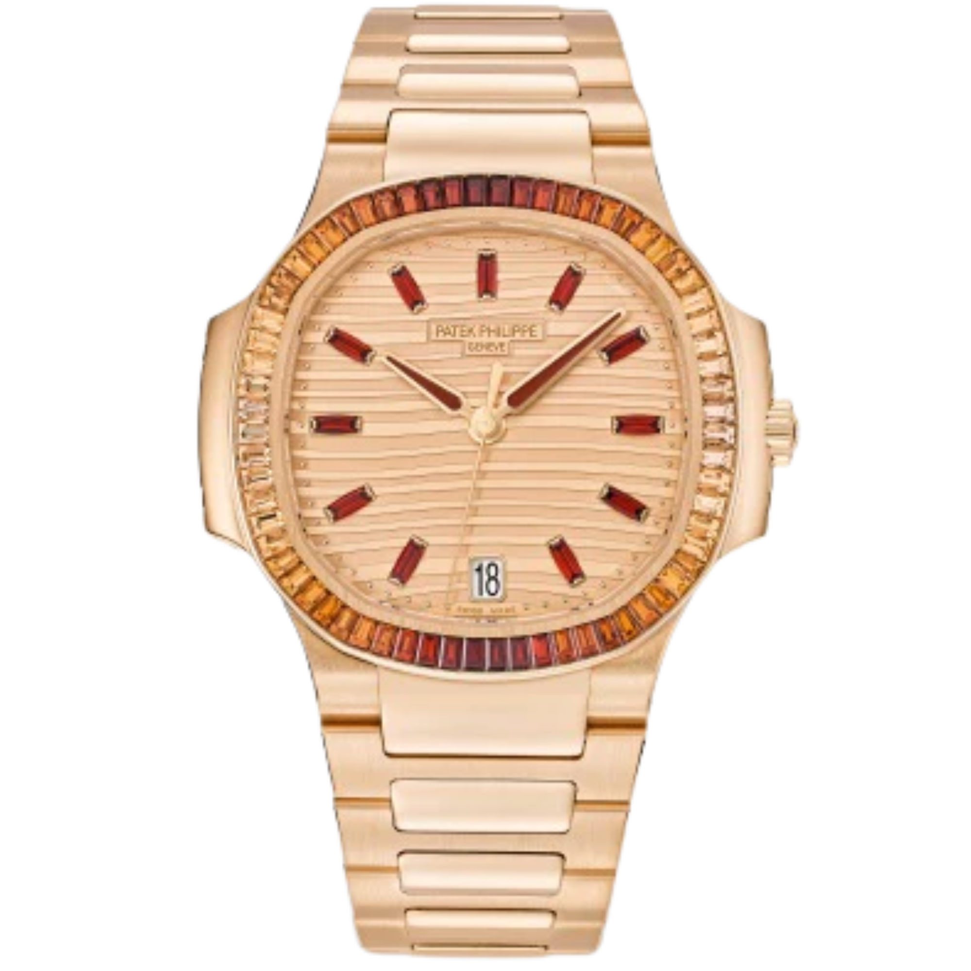 7118/1300R Nautilus Ladies 35.2mm Rose Gold Bracelet Waves Rose-gilt Dial Spessartite Gemmed Octagonal Bezel - Patek Philippe