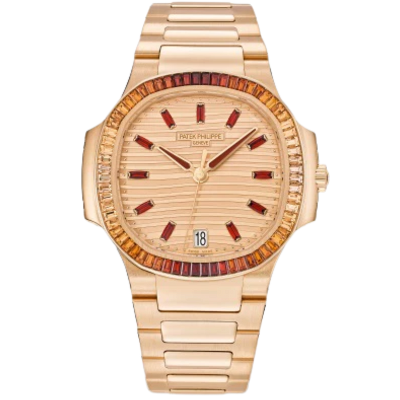 7118/1300R Nautilus Ladies 35.2mm Rose Gold Bracelet Waves Rose-gilt Dial Spessartite Gemmed Octagonal Bezel - Patek Philippe