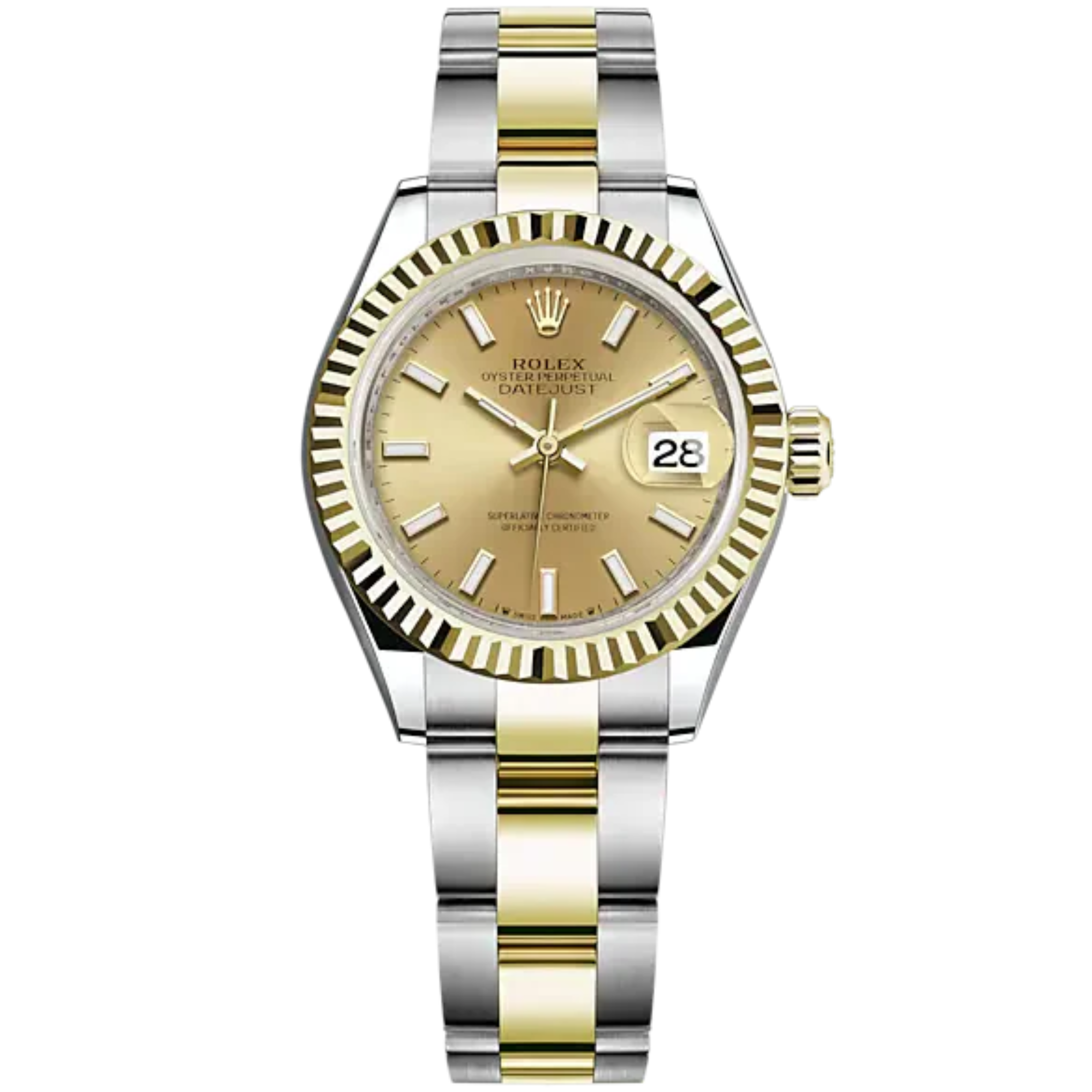Lady-DateJust 28mm Oyster Oystersteel Bracelet and Yellow Gold with Champagne-Colour Dial Fluted Bezel - Rolex