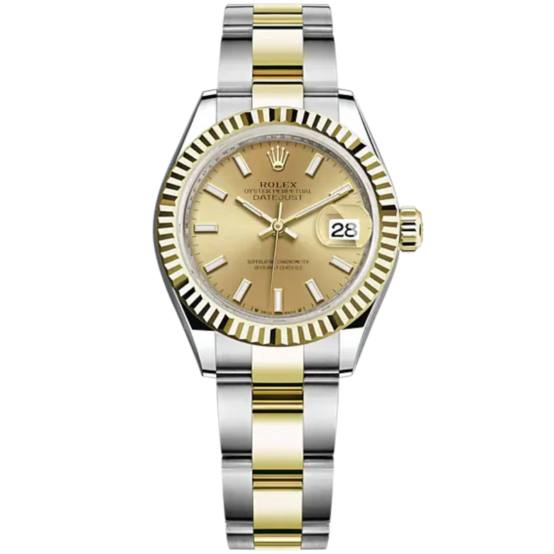 Lady-DateJust 28mm Oyster Oystersteel Bracelet and Yellow Gold with Champagne-Colour Dial Fluted Bezel - Rolex