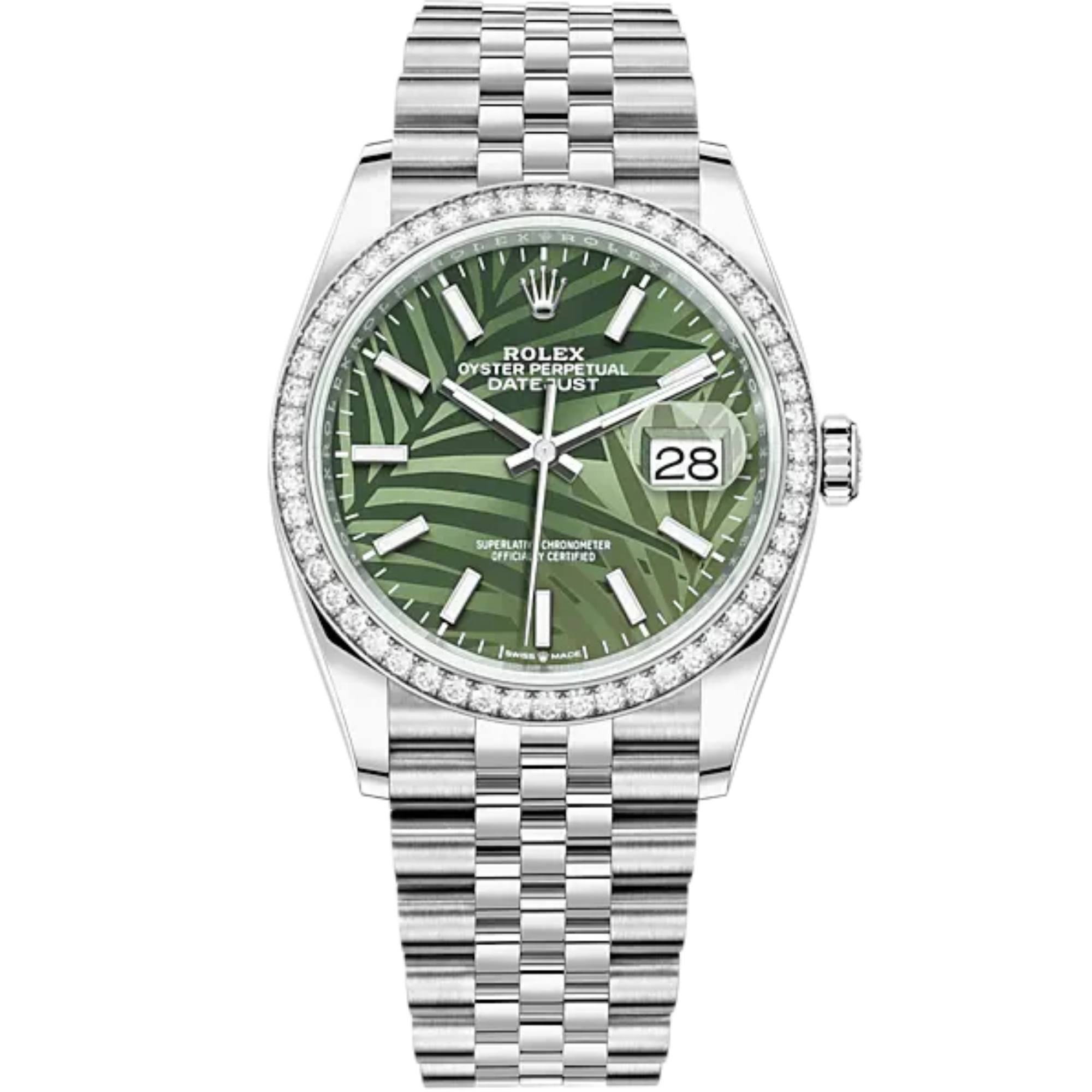 Datejust 36 36mm Oystersteel Jubilee Bracelet and White Gold with Olive-Green Palm-Motif Dial Diamond-Set Bezel - Rolex