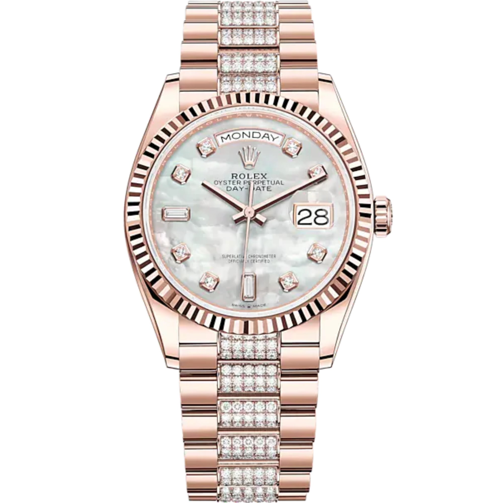 Day-Date 36 36mm President Bracelet and 18 KT Everose Gold with White Mother-of-Pearl Dial Diamond-Set Dial Fluted Bezel - Rolex