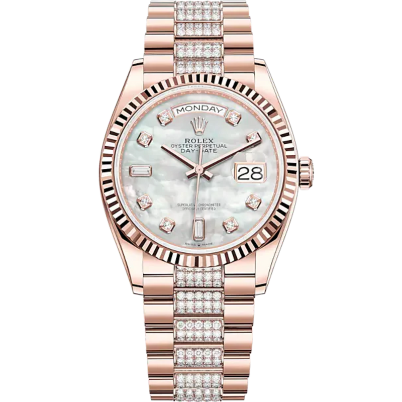 Day-Date 36 36mm President Bracelet and 18 KT Everose Gold with White Mother-of-Pearl Dial Diamond-Set Dial Fluted Bezel - Rolex