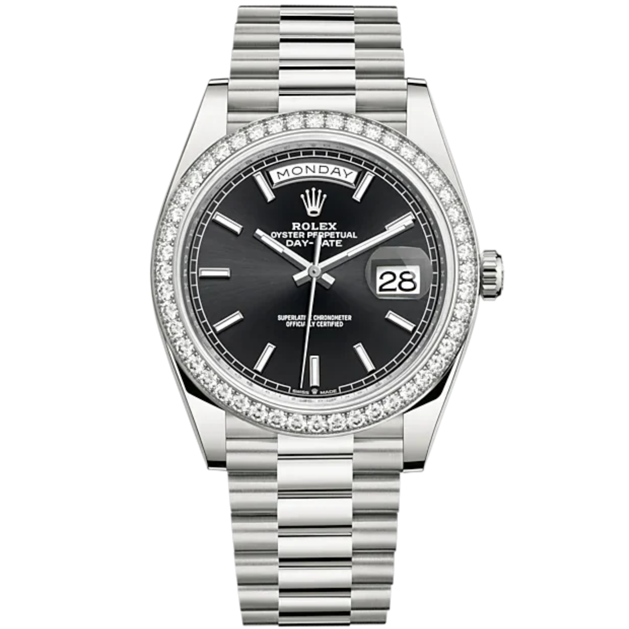 Day-Date 40 40mm President Bracelet and 18 KT White Gold with Bright Black Dial and Diamond-Set Bezel - Rolex