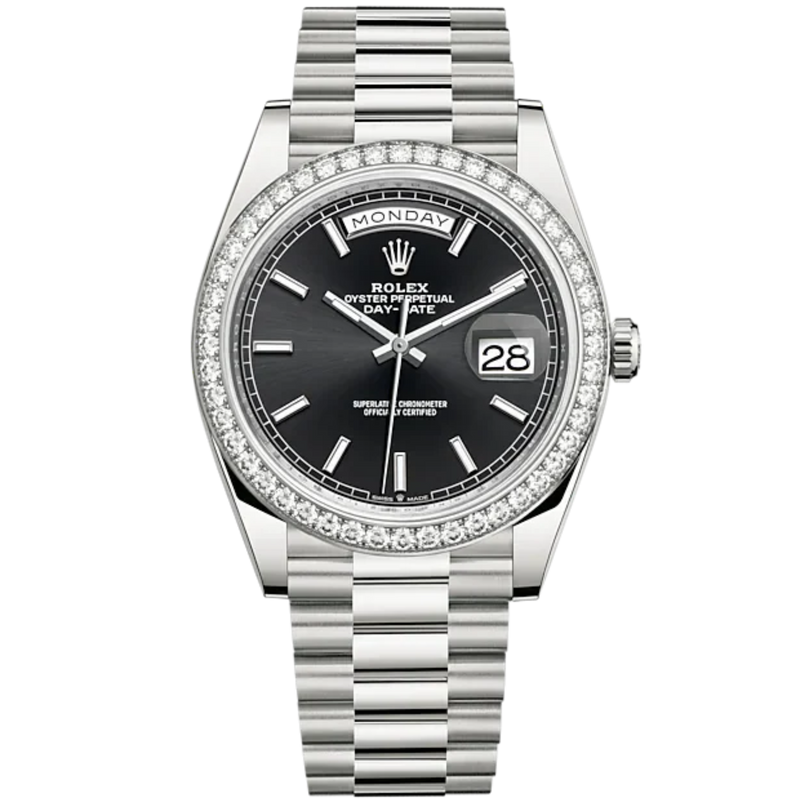 Day-Date 40 40mm President Bracelet and 18 KT White Gold with Bright Black Dial and Diamond-Set Bezel - Rolex