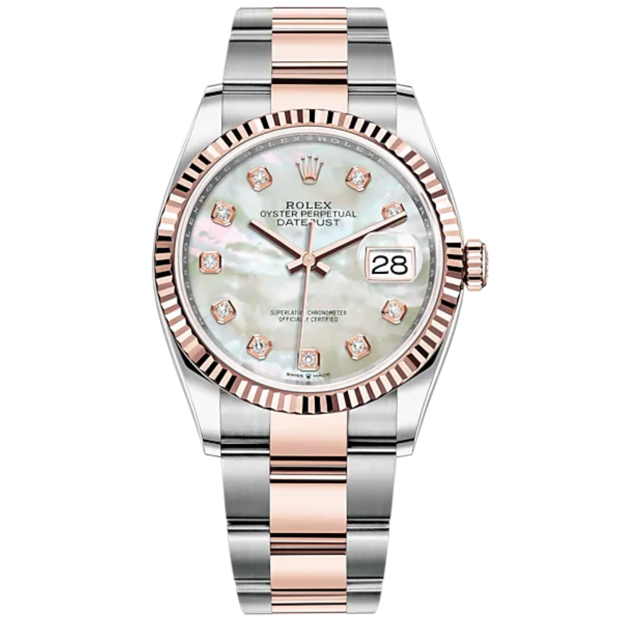 Datejust 36 36mm Oyster Bracelet Oystersteel and Everose Gold with White Mother-of-Pearl Diamond-Set Dial Fluted Bezel - Rolex