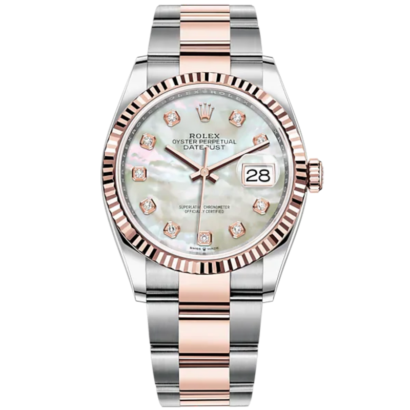 Datejust 36 36mm Oyster Bracelet Oystersteel and Everose Gold with White Mother-of-Pearl Diamond-Set Dial Fluted Bezel - Rolex