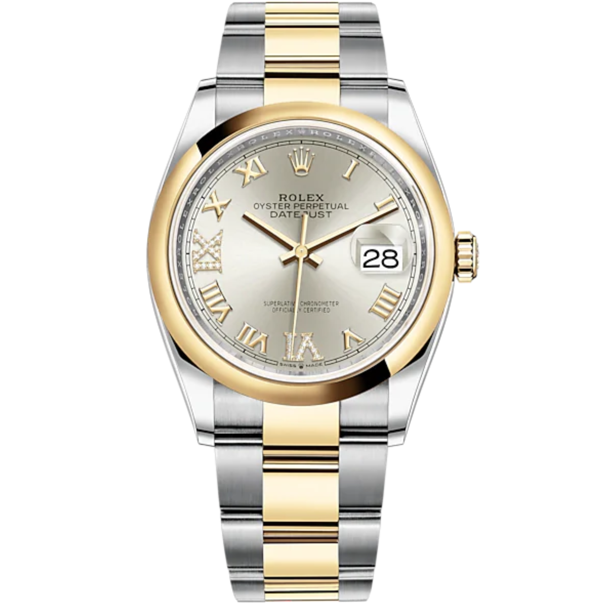 Datejust 36 36mm Oyster Bracelet Oystersteel and Yellow Gold with Silver Diamond-Set Dial Domed Bezel - Rolex