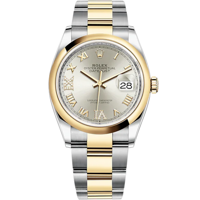 Datejust 36 36mm Oyster Bracelet Oystersteel and Yellow Gold with Silver Diamond-Set Dial Domed Bezel - Rolex
